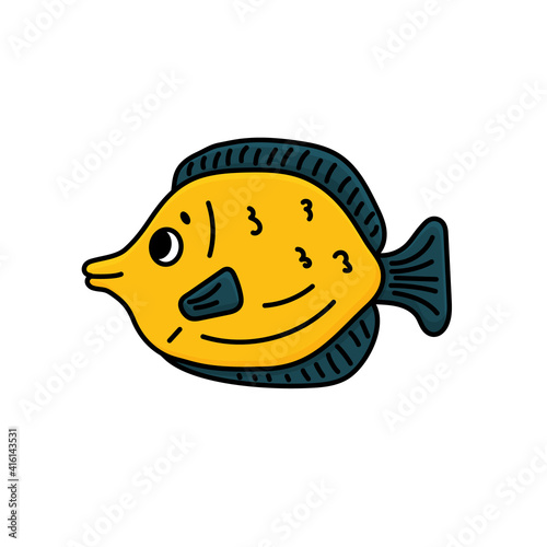 Yellow vector cartoon tang fish. Outline Animal is isolated on white background. Eyes and mouth are visible