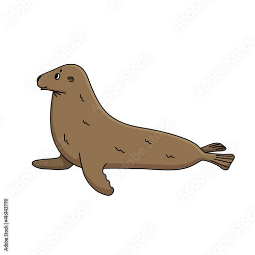 Vector cute outline cartoon illustration of cute brown fur Seal. Single doodle isolated animal on white background. Side view