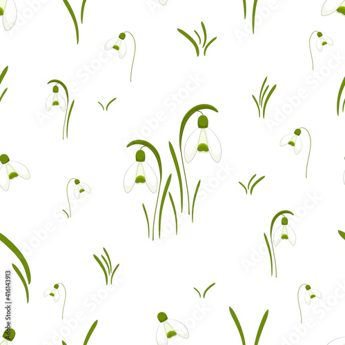 Seamless pattern with snowdrops flowers. Spring and floral texture on white and transparent backgrounds.