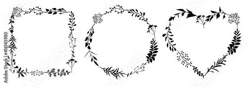 Set of floral frames of different shapes with black meadow herbs. Floral wreaths. Element design.