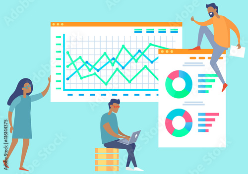 Business people at work brainstorming, analyzing statistical indicators, check report, develop sales strategy and financial growth. Template for business planning. Data analysis vector illustration