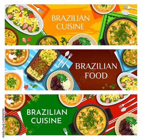 Brazilian food vector beef stew picadinho de carne, corn chowder and black bean stew feijoada. Shrimp soup, moqueca and chicken rice soup. Avocado strawberry salad, beef steak with yuca fries banners