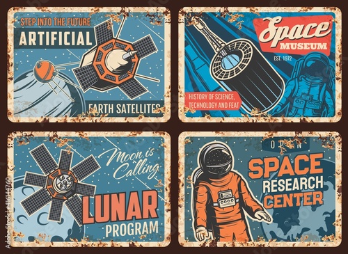 Space exploration technologies rusty metal plates. Earth artificial satellite, aerospace flights and science history museum, lunar program retro banners. Astronaut in spacesuit in outer space vector