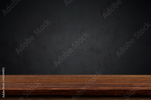 Empty wood table top with black background, Template mock up for display of product.