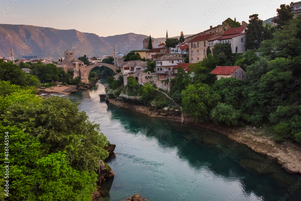 Houses and Stari Most (Old Bridge) along the Neretva River, Mostar, Bosnia and Herzegovina
