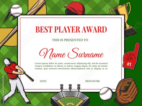 Best player award diploma vector template, baseball tournament winner certificate, sport school frame with sports equipment helmet, bat or ball, cup, glove, sportsman in uniform playing on green field