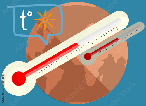 Earth global warming poster. Dried, hot, sweaty and red planet globe. Thermometer measuring temperature of air and water on planet. Heated thermometer with red liquid inside vector illustration