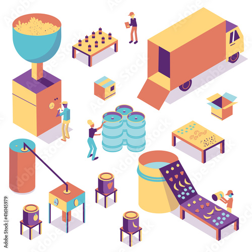 Isometric brewery.  Fun colorful cartoon flat vector illustration showing the brewing process. Equipment for fermentation working for craft beer or kombucha.  (ID: 416145979)