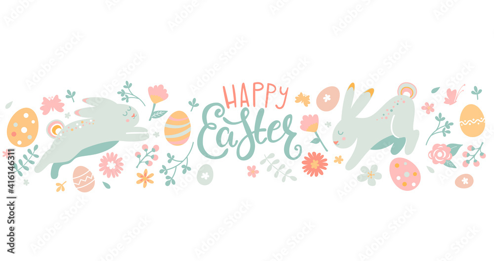 Easter greeting horizontal card, banner. Happy holiday with beautiful painted eggs, bunnies and flowers. Great for posters, invitations, flyers, web, articles. Spring Celebration Design. Vector.