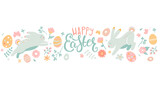 Easter greeting horizontal card, banner. Happy holiday with beautiful painted eggs, bunnies and flowers. Great for posters, invitations, flyers, web, articles. Spring Celebration Design. Vector.