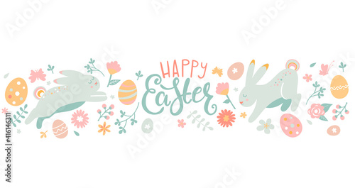Easter greeting horizontal card  banner. Happy holiday with beautiful painted eggs  bunnies and flowers. Great for posters  invitations  flyers  web  articles. Spring Celebration Design. Vector.