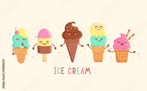 Set of funny cheerful, friendly ice cream characters. Sweet kawaii smiling summer delicacy, tasty colorful sundaes, gelatos with different tasties in cones. Vector illustration.