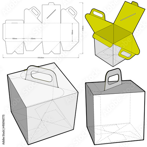 Folding Box With Handle (Internal measurement 15x15x15cm) and Die-cut Pattern. The .eps file is full scale and fully functional. Prepared for real cardboard production.