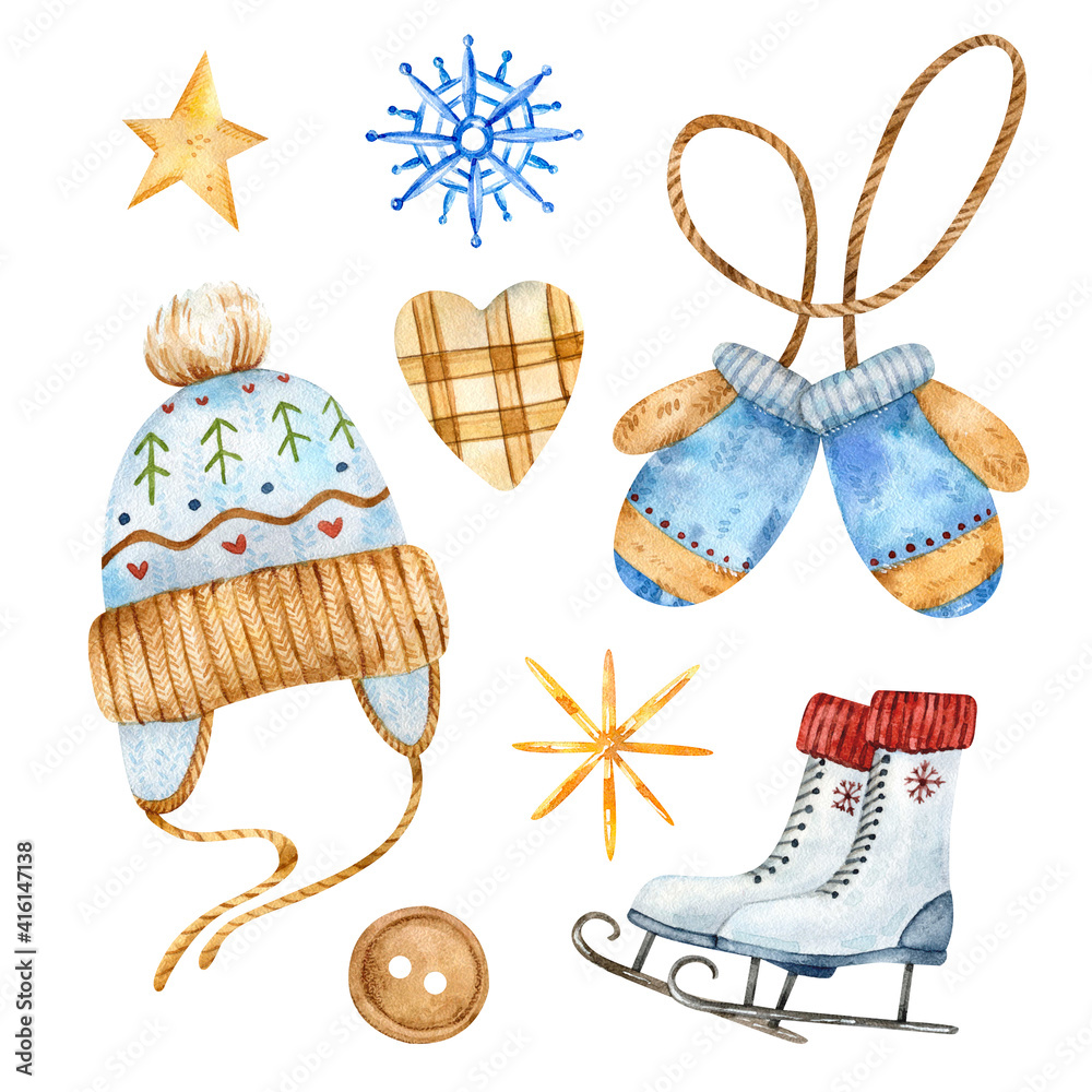 Clipart of watercolor winter elements with knitted hat and mittens, carved snowflake and star, checkered fabric heart, wooden button and skates to create or complement drawings