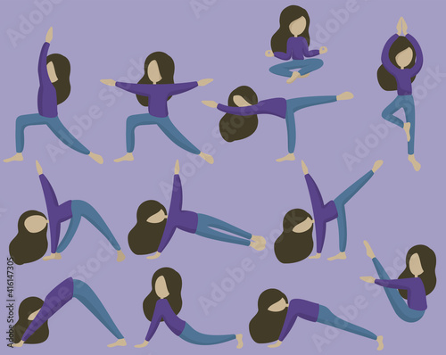 Yoga girl flat vector illustration, Woman stretching hand drawn, Cartoon people doing sport