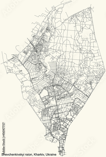 Black simple detailed street roads map on vintage beige background of the quarter Shevchenkivskyi district (raion) of Kharkiv, Ukraine