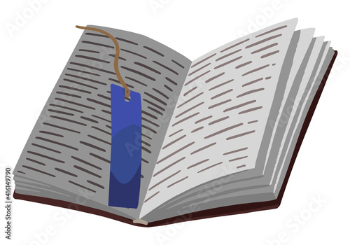 Opened book with bookmark. Sign of library, reading. Hand drawn vector illustration. Cartoon clipart isolated on white background. Colored single element for design, print, sticker, card, logo, decor.