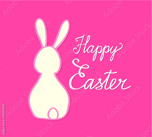 Happy Easter greeting card with egg and funny rabbit bunny. Spring holiday vintage postcard over color background.