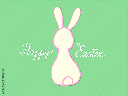 Happy Easter greeting card with egg and funny rabbit bunny. Spring holiday vintage postcard over color background.