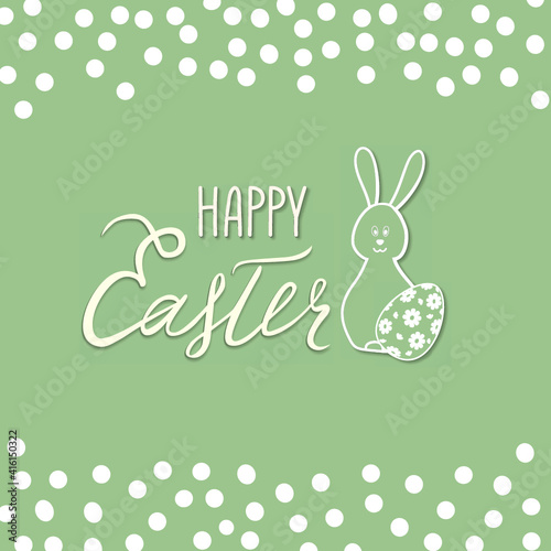 Happy Easter greeting card with egg and funny rabbit bunny. Spring holiday vintage postcard over retro color background.