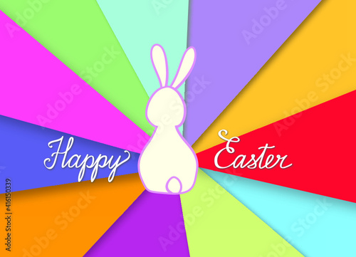 Happy Easter greeting card with funny rabbit bunny. Spring holiday vintage postcard over multicolor background.