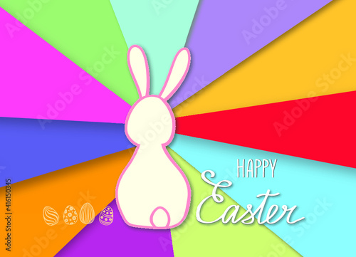 Happy Easter greeting card with funny rabbit bunny. Spring holiday vintage postcard over multicolor background.
