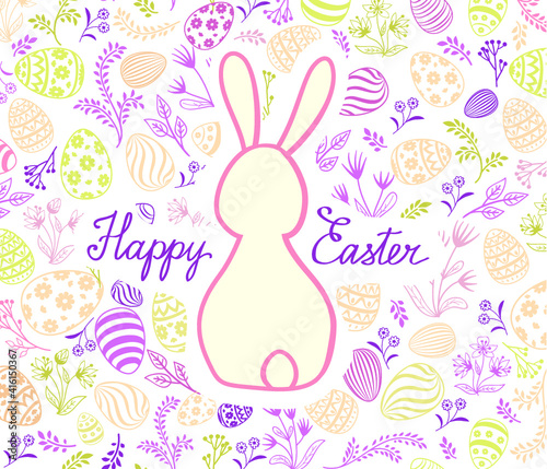 Happy Easter greeting card with egg and funny rabbit bunny ears. Spring holiday vintage postcard over floral spring icons background.