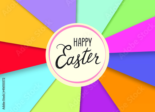 Happy Easter greeting card. Spring holiday vintage postcard over multicolor background.