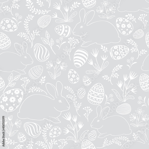  Easter holiday seamless pattern. Spring gentle background with easter eggs and bunny. Happy Easter tile backdrop.