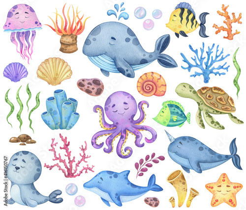 Watercolor set of marine animals and flora isolated on a white background. Children's illustrations of animal ocean for textiles, cards or prints © ekkoss