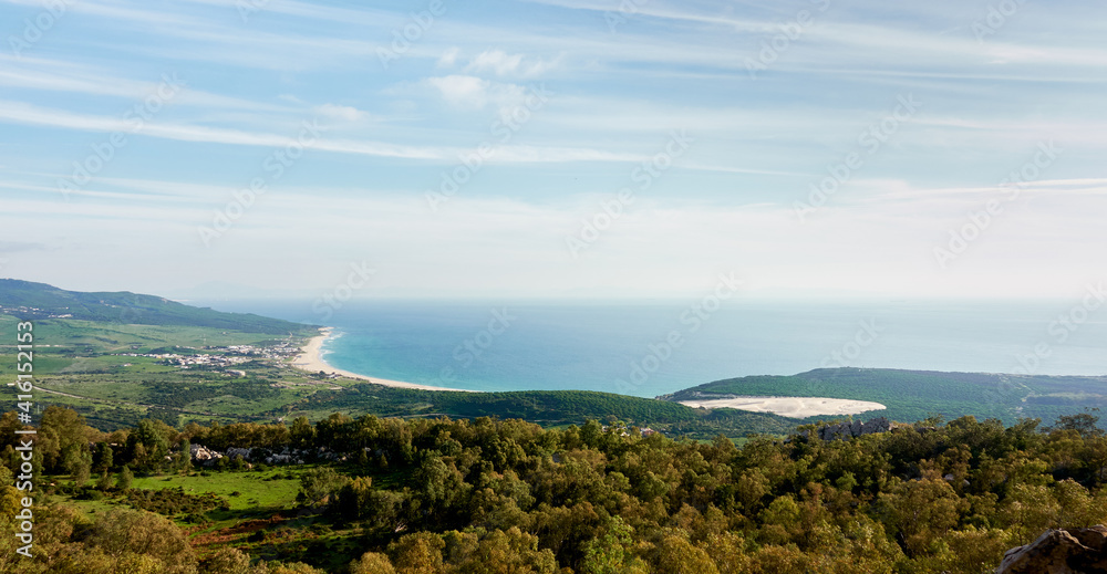 Aerial view of Bolonia coastline with the big sand dune and countryside