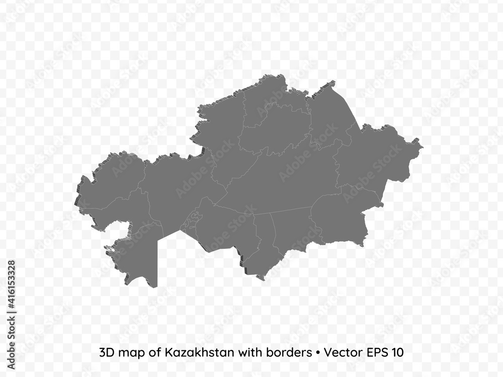 3D map of Kazakhstan with borders isolated on transparent background, vector eps illustration
