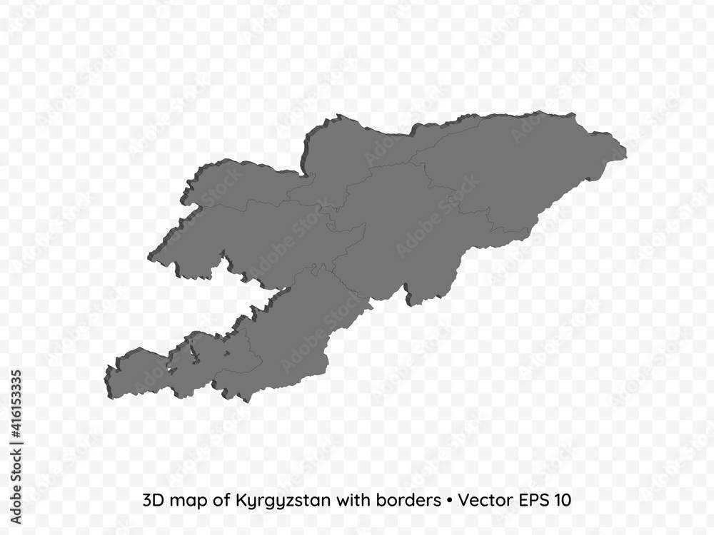 3D map of Kyrgyzstan with borders isolated on transparent background, vector eps illustration