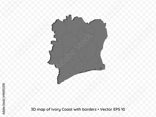 3D map of Ivory Coast with borders isolated on transparent background, vector eps illustration