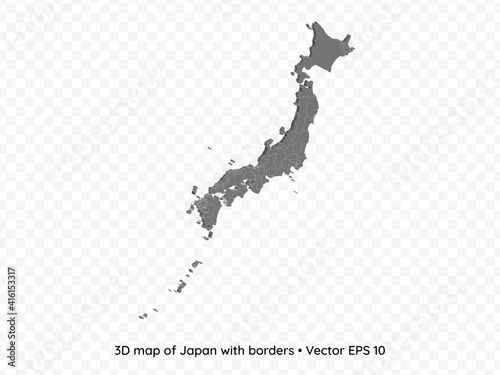 3D map of Japan with borders isolated on transparent background, vector eps illustration