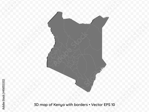 3D map of Kenya with borders isolated on transparent background, vector eps illustration