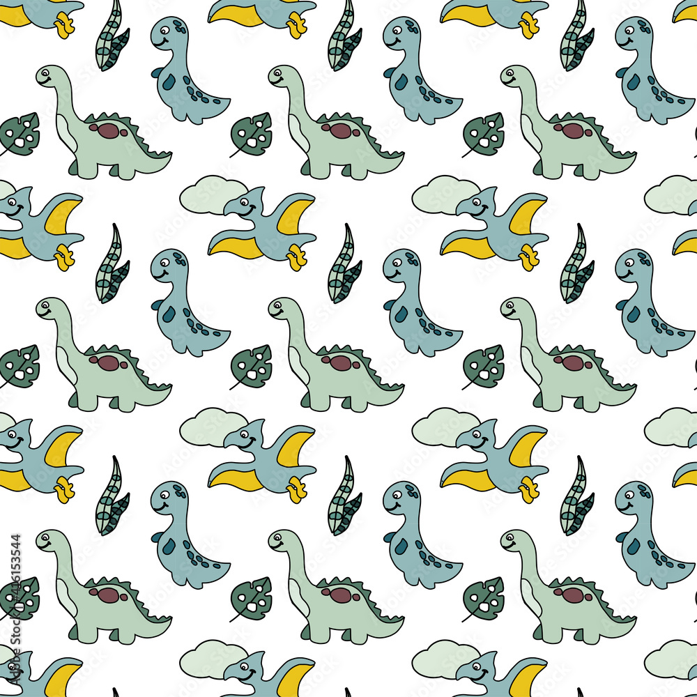 Seamless pattern with cute dino babies. Vector illustration. Blue color Seamless pattern with cute dino babies. Vector illustration. Blue color