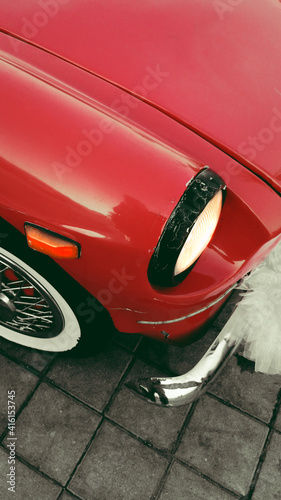 Red classic wedding car top view, front light