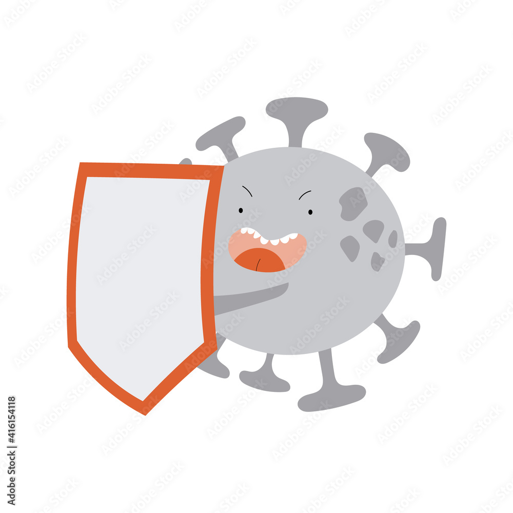 Mad COVID-19 Virus cell with a shield fighting and protecting itself