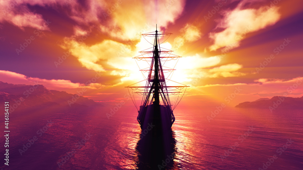 old ship sunset at sea 3d rendering