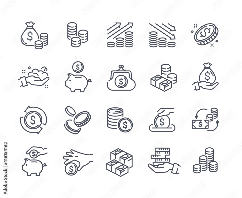 Collection of coins, money, earnings related icons