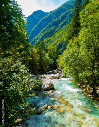 El río Soca, con sus características aguas de color verde, sus rápidos y su abundante vegetación en el corazón de los Alpes Julianos cerca de Trenta, Eslovenia photo