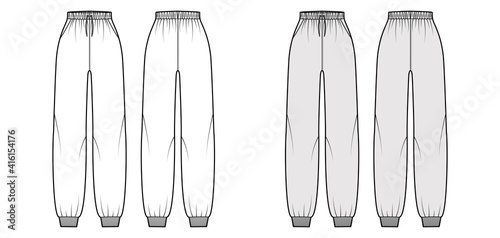 Sweatpants technical fashion illustration with elastic cuffs, normal waist, high rise, drawstrings. Flat training trousers apparel template front, back, white grey color. Women men unisex CAD mockup
