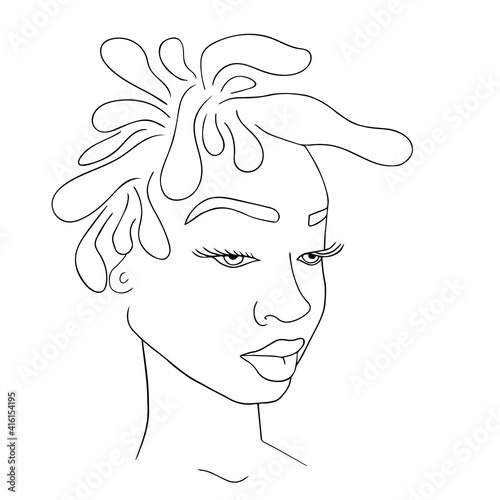 Abstract woman face one line drawing. Portrait minimalistic style. Modern abstract face black line on white isolated. Minimalism concept of african women face, long hear. Face line art drawing style