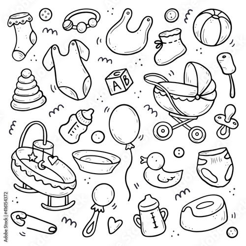 Hand drawn set of baby shower things, toy, rattle, milk bootle, clothes. Comic doodle sketch style. Baby element drawn by digital brush-pen. Cute illustration for icon, background, frame design.