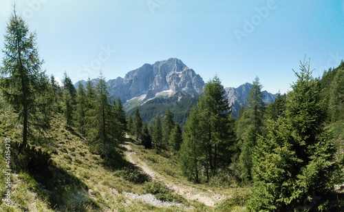 Mount Jôf di Montasio from the slopes of Mount Jof di Miezegnot in the Julian Alps in Italy