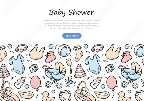 Hand drawn banner of baby shower things, toy, rattle, milk bootle, clothes. Doodle sketch style. Baby element drawn by digital pen. Illustration for banner, background design template.