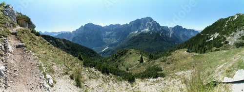 Mount Jôf di Montasio from the slopes of Mount Jof di Miezegnot in the Julian Alps in Italy
