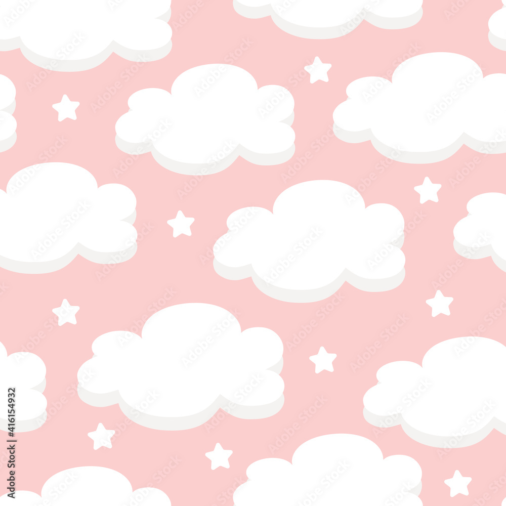 Seamless pattern with white clouds and stars on a pink sky background. For printing on fabrics, textiles, paper, bedding. 