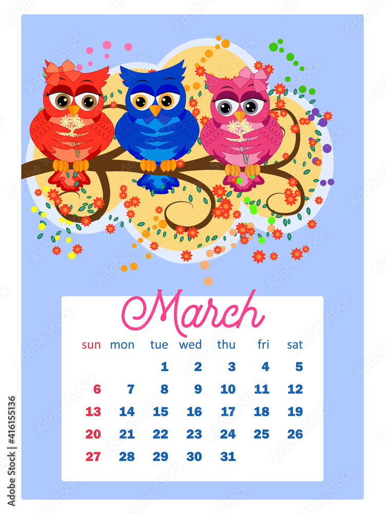 Calendar 2022. Cute owls and birds for every month. Wall vertical calendar for 2022, the week starts on Sunday. A4 format. Calendar 2022. Cute owls and birds for every month. Wall vertical calendar for 2022, the week starts on Sunday. A4 format.